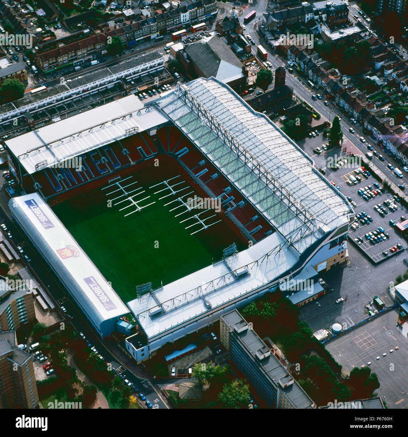 Vista aerea di Upton Park - West Ham United Football Club Stadium, Londra, Regno Unito. Foto Stock