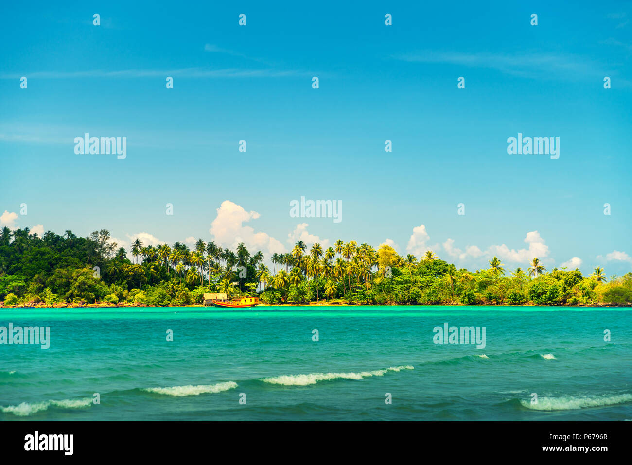 Isola tropicale con palme di cocco sulla spiaggia sabbiosa Foto Stock