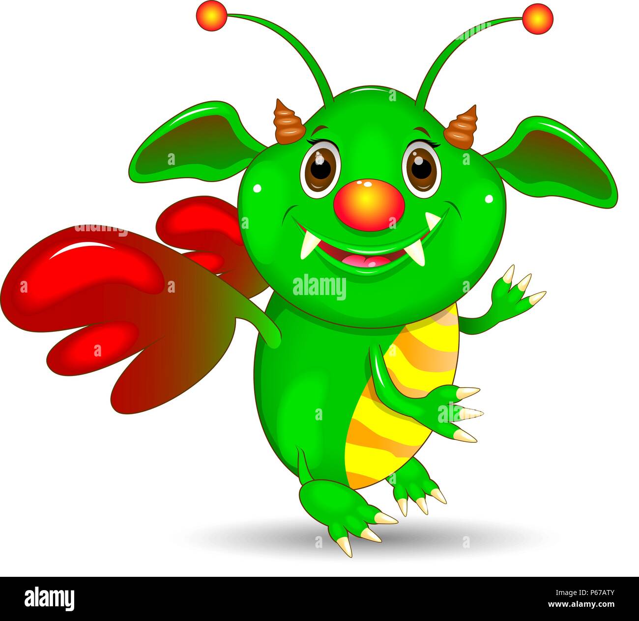 Cartoon mostro verde su uno sfondo bianco. Un allegro mostro verde. Illustrazione Vettoriale