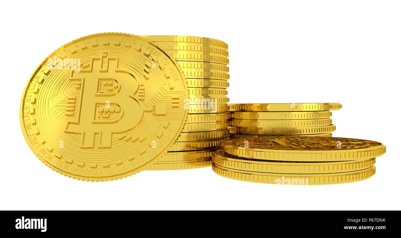 Golden bitcoins combinazione isolata su sfondo bianco e 3D render Foto Stock