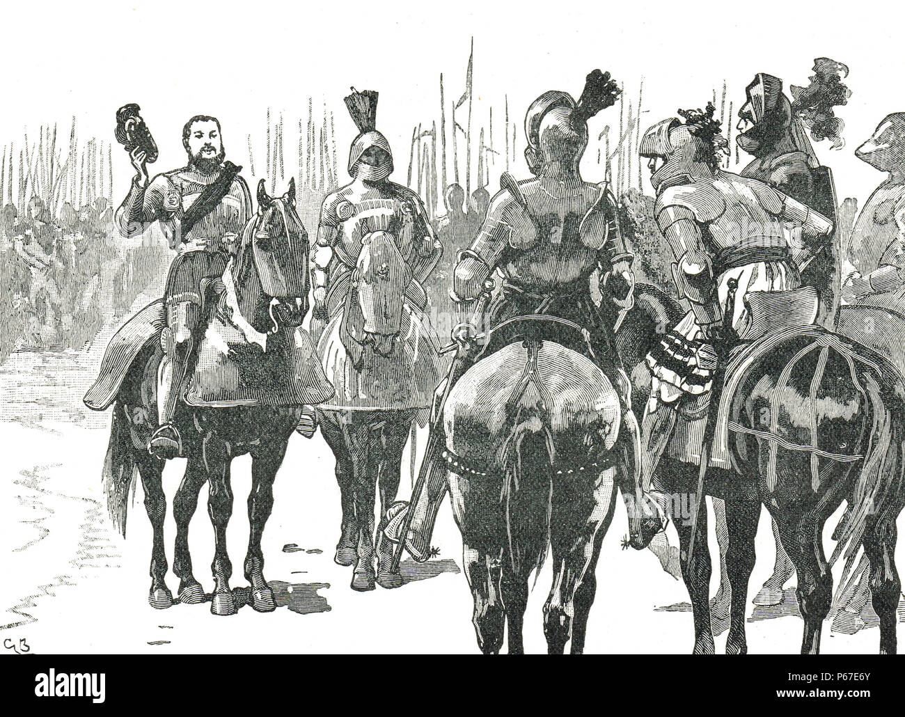 Il re Enrico VIII, saluto il catturato ufficiali francesi, la battaglia di speroni, conosciuta anche come Battaglia di Guinegate, 16 agosto 1513 Foto Stock