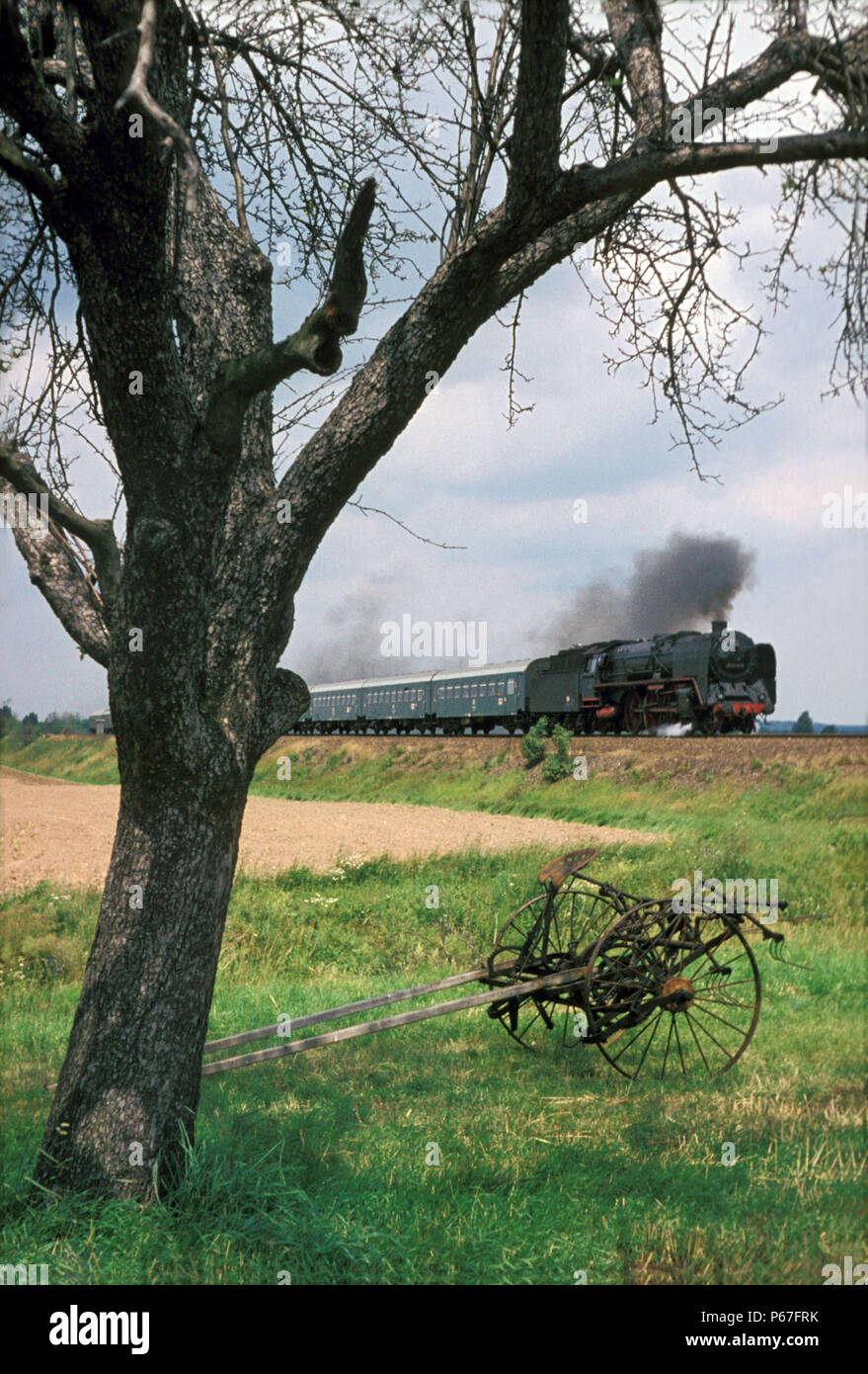 Dell'Europa ultimo ad alta velocità di bolina vapore esprime. Un thread Berlin-Dresden attraverso la morbida campagna nei pressi di Bhola nel giugno 1977. Foto Stock