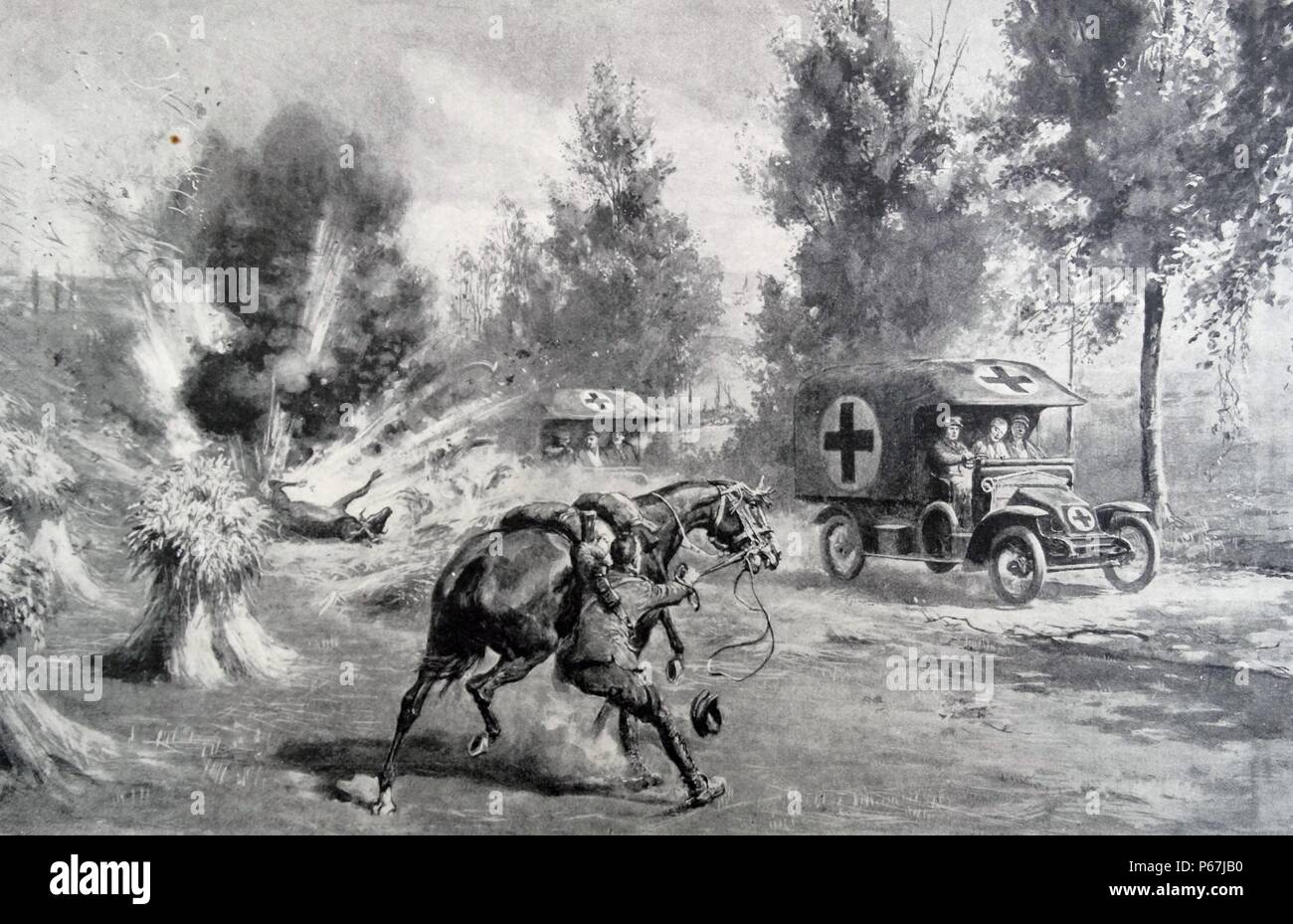 Militare inglese ambulanze evacuare feriti sotto il fuoco nella prima guerra mondiale 1915 Foto Stock