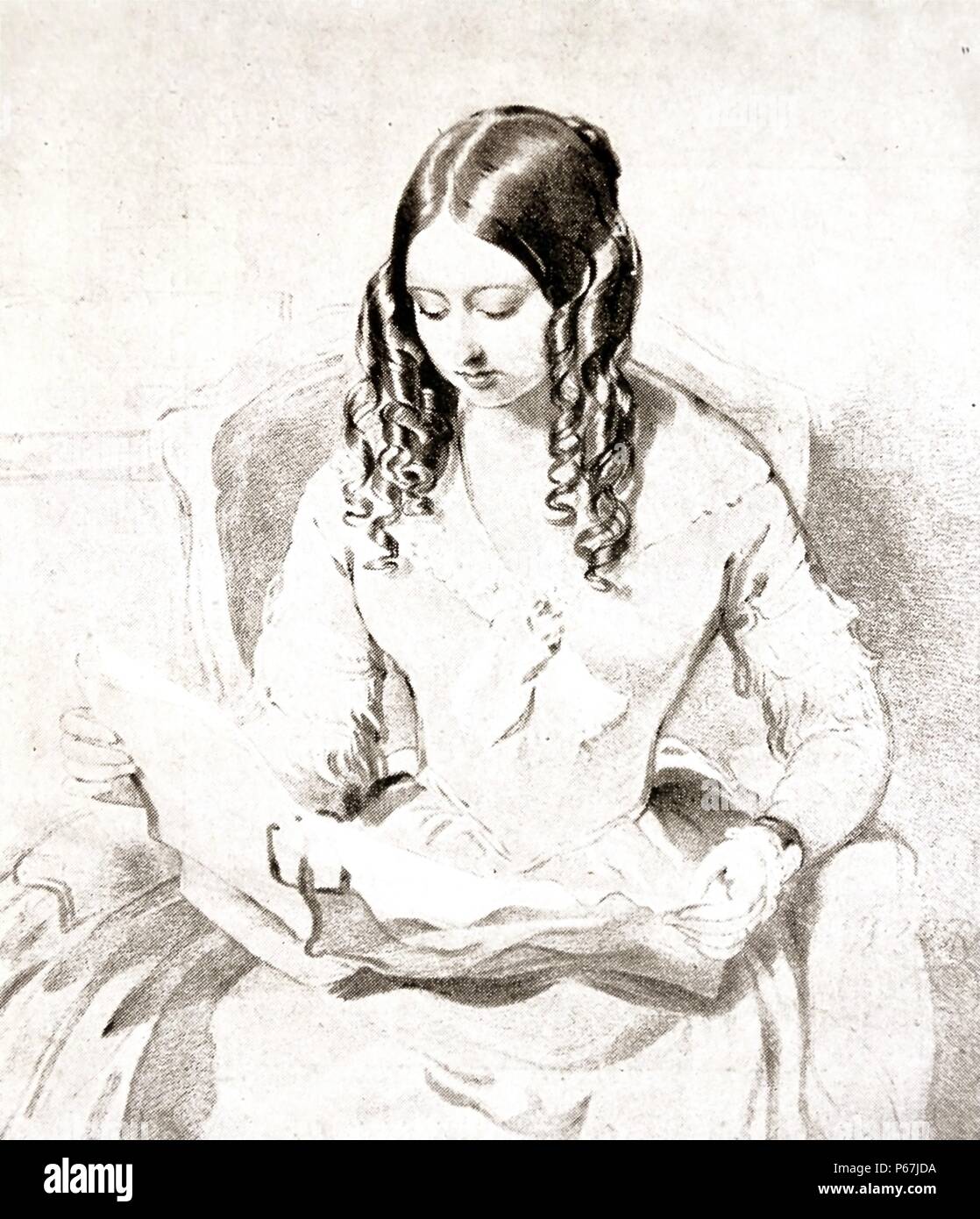 La regina Vittoria di Gran Bretagna la lettura di dispatches 1840. Victoria (Alexandrina Victoria; 24 maggio 1819 - 22 gennaio 1901) era il monarca del Regno Unito di Gran Bretagna e Irlanda dal 20 giugno 1837 fino alla sua morte. A partire dal 1 maggio 1876, ha usato il titolo aggiuntivo di Empress of India Foto Stock