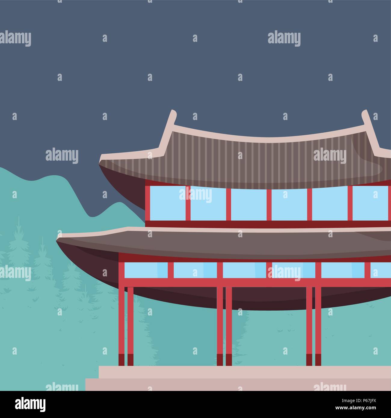 Iconici palazzo asiatici su sfondo blu, design colorato. illustrazione vettoriale Illustrazione Vettoriale