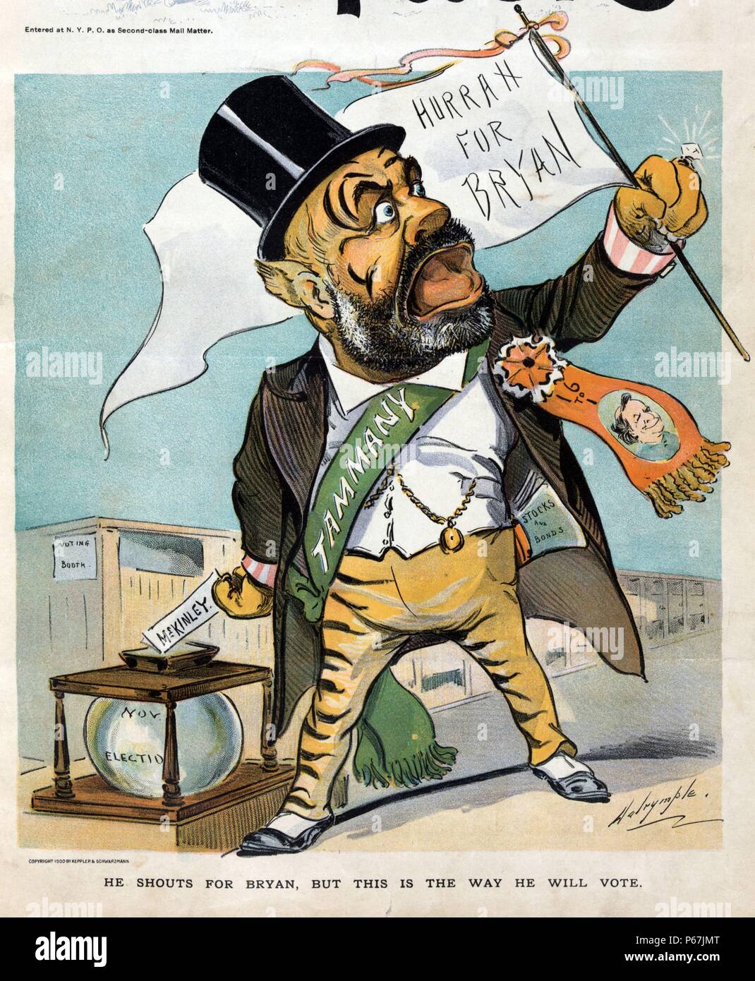 Lui urla per Bryan, ma questo è il modo in cui egli voterà' Richard Croker come Tammany Tiger, vestito in abbigliamento formale e indossando un anta etichettato " Tammany", annunciando che egli/Tammany supporta William Jennings Bryan per il presidente, mentre alle sue spalle, scivolando un voto per William McKinley nella pentola etichettato "nov. Elezione.". Foto Stock