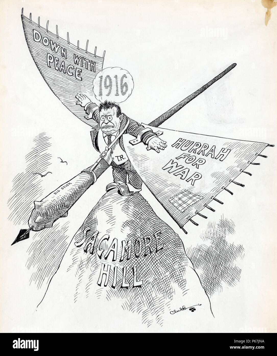 Casa bianca o busto' Presidente Theodore Roosevelt è raffigurato in piedi in cima 'Sagamore Hill,' la sua casa nei pressi di Oyster Bay, N.Y., cercando di prendere il largo sulla sua 'big stick." Egli sport due grandi ali contrassegnate 'Dproprio con la pace " e " Hurrah per la guerra.' sopra la sua testa è una nuvola etichettato con l'anno "1916". Foto Stock