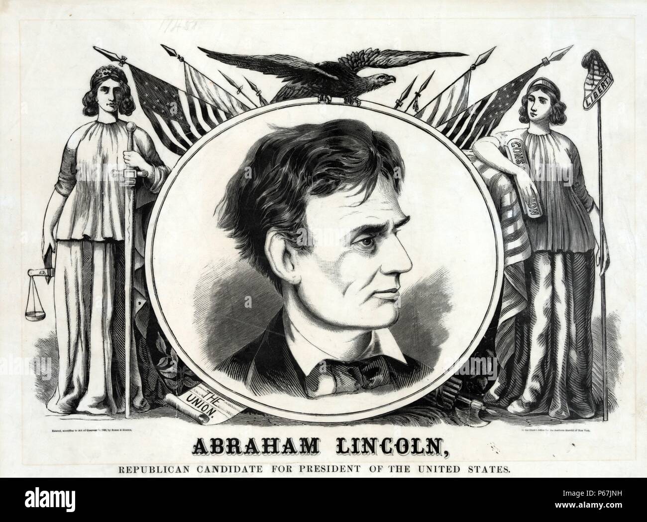 Abraham Lincoln, il candidato repubblicano alla presidenza degli Stati Uniti " grande campagna banner o un poster per il candidato presidenziale repubblicano Abraham Lincoln. Esso offre un roundel centrale con un busto ritratto del candidato, fiancheggiata da divinità permanente di giustizia e libertà. Un aquila con ali stese posatoi in cima alla roundel, dietro la quale sono diverse bandiere nordamericane sul personale di punta. Foto Stock