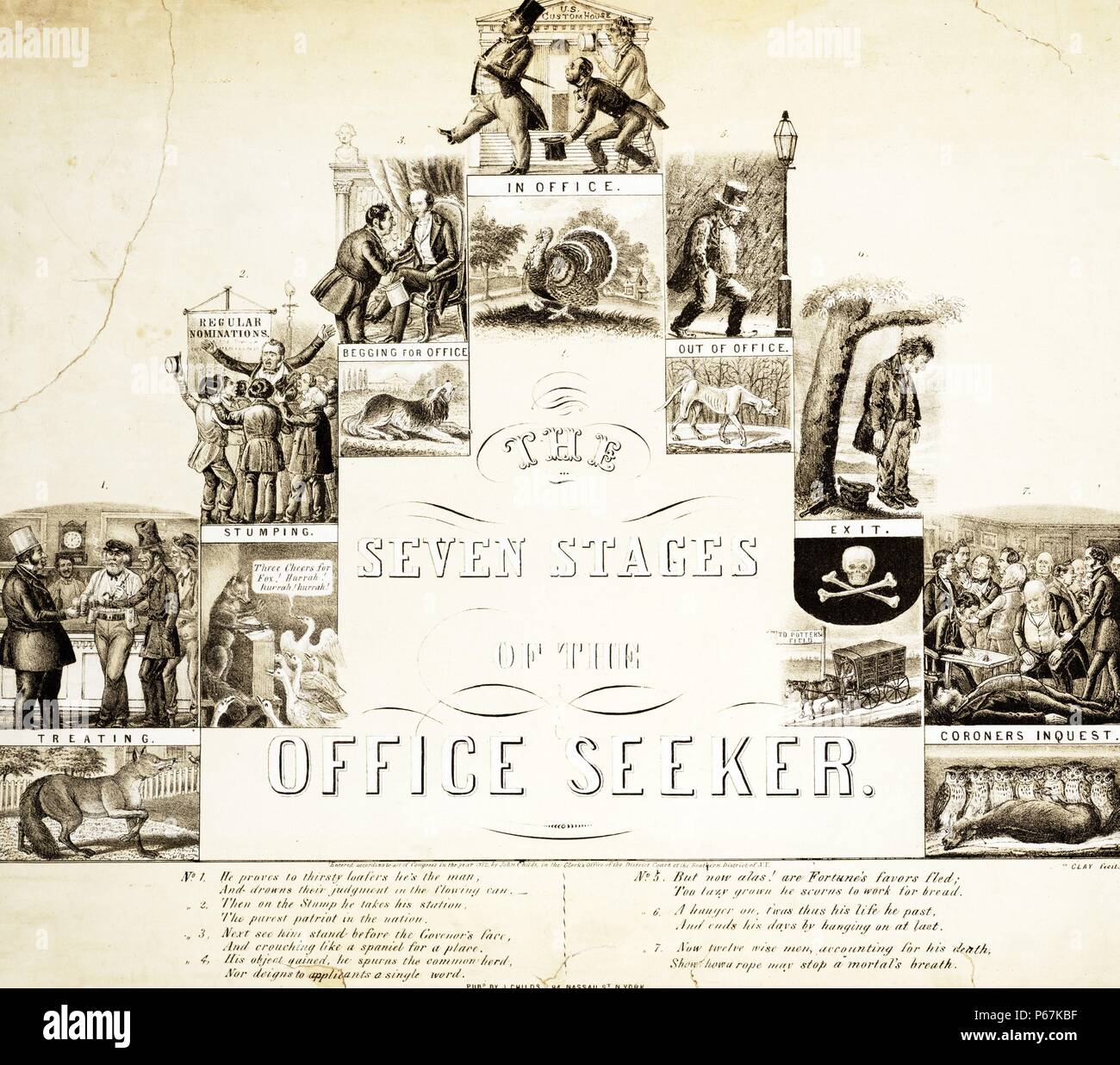 Le sette fasi dell'ufficio seeker' una satira del clientelismo e corruzione nello Stato di New York la politica, basata sul tema medievale, perpetuata in Arte Folcloristica Americana, della " vita e età dell'uomo.' qui le sette fasi sono illustrate come punti chiave per la vita e la carriera di un hack politico. In ogni fase la figura occupa un differente passo di una piramide in cui è mostrato il suo omologo metaforico nel regno animale. Secondo Elizabeth Sears il dispositivo di composizione di una piramide a gradini è utilizzato in questo contesto sin dal XVI secolo. Foto Stock