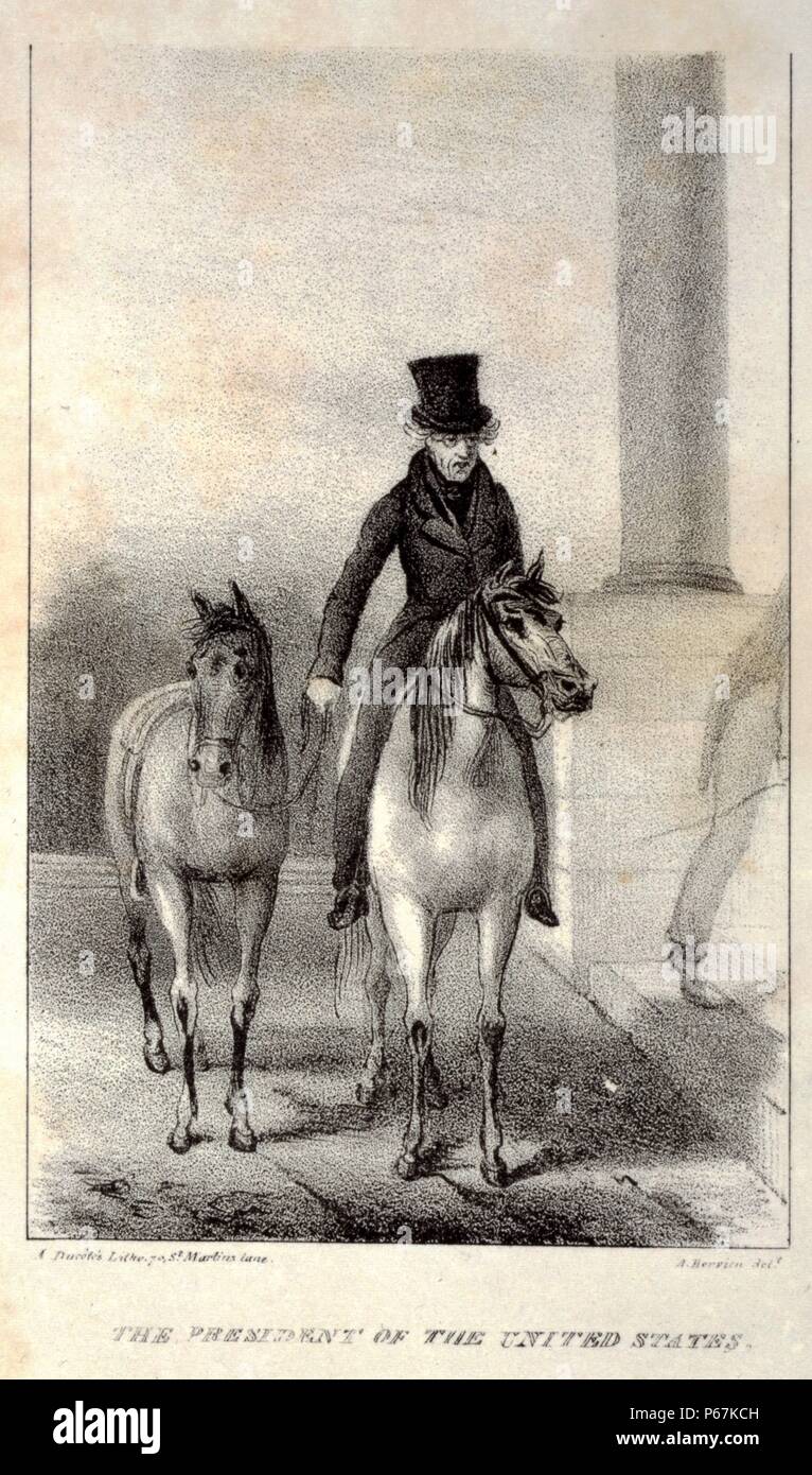 Andrew Jackson a cavallo con un altro cavallo in stoppa, che arrivano alla Casa Bianca. Jackson è stato il settimo Presidente degli Stati Uniti e servito nella milizia durante la guerra rivoluzionaria americana. Foto Stock