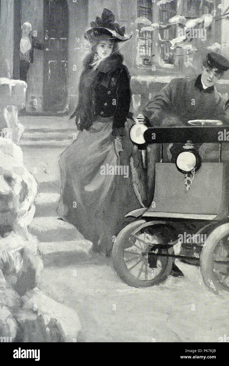 Edwardian donna inglese passi accanto a un automobile in 1901 Foto Stock