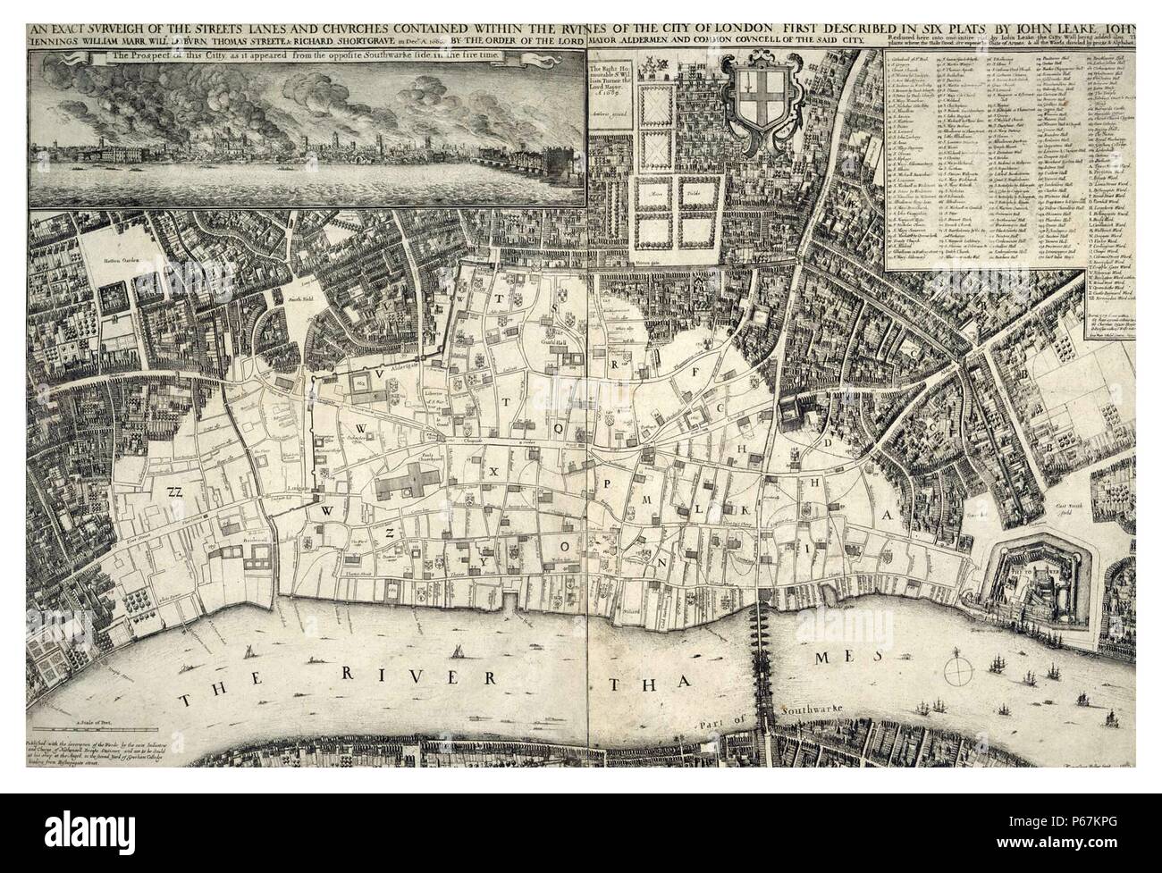 Xvii secolo mappa di Londra che includono il fiume Tamigi. Nella parte superiore della mappa è un'illustrazione del Grande Incendio di Londra. Datato 1677 Foto Stock