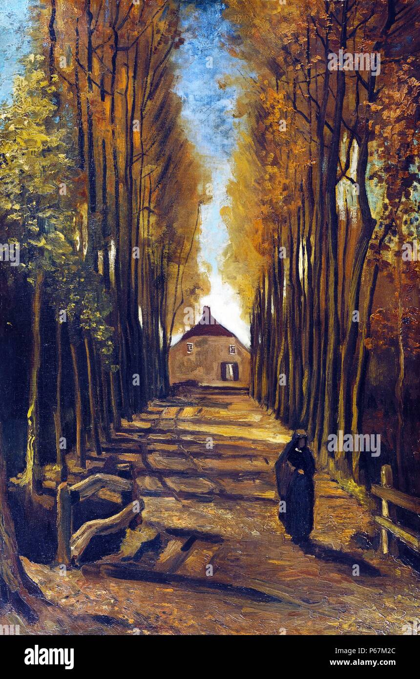 Pittura inclinato 'Pappelallee im Herbst' di Vincent van Gogh (1853-1890) post-pittore impressionista di origine olandese. Datata 1884 Foto Stock