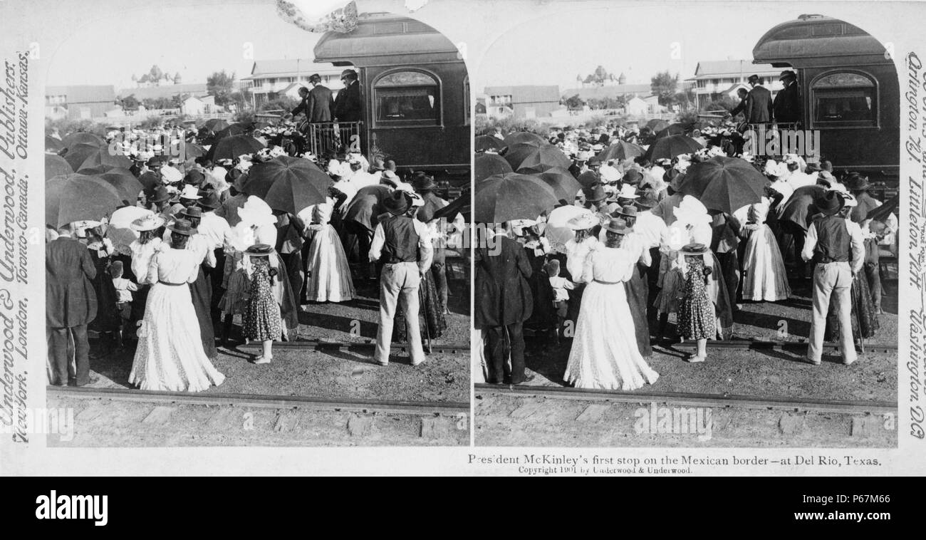 Presidente McKinley's prima fermata sul confine messicano - Del Rio, Texas. McKinley (1843-1901)era il venticinquesimo Presidente degli Stati Uniti e ha portato la nazione alla vittoria in spagnolo-guerra americana, sollevato tariffe protezionistiche per promuovere l'industria americana, e mantenuta la nazione il gold standard in un rigetto delle proposte inflazionistiche. Foto Stock