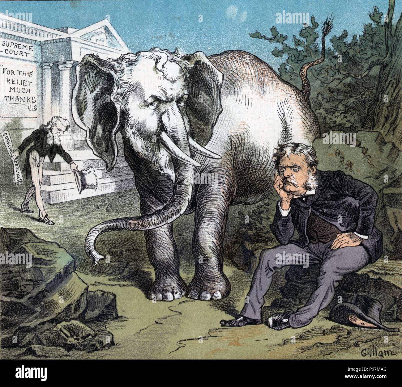 Arthur imbarazzante 'elefante bianco'' Presidente Chester A. Arthur seduto su una roccia con un grande elefante bianco che guarda come Roscoe Conkling in piedi accanto a lui; Arthur è chiedersi come sbarazzarsi di elefante. Lo zio Sam, tenendo papers etichettato "Conkling declina', passeggiate lontano dal 'Supreme Corte". Roscoe Conkling girato giù Arthur dell offerta per una posizione alla Corte Suprema. Foto Stock