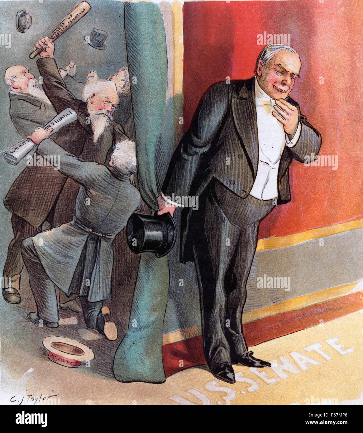 Un altro ritardo' Presidente McKinley rivolgendosi a un pubblico composto da un palcoscenico di un teatro; dietro la tenda, ribaltato un hat etichettato "Aldrich' giace sul palco accanto a un uomo con carte etichettato 'comitato delle finanze", inginocchiata davanti ad un altro uomo che sta per colpirlo con club etichettato 'Demands dei senatori occidentale', altri due 'membri del cast' sono impegnati in un pugno di lotta. Foto Stock