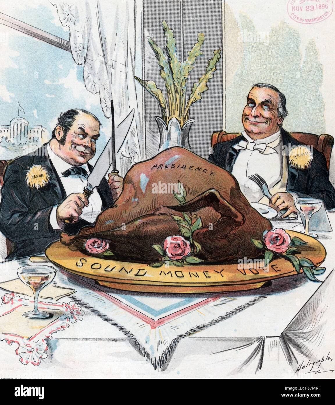 Ringraziamento" Mark Hanna circa di ritagliarsi un grande turchia etichettato "Presidenza" appoggiata su di un piatto d'oro etichettati 'Sound denaro voto"; il neo eletto presidente William McKinley è seduta in testa alla tabella, cercando heavenward, e la Casa Bianca è visibile attraverso una finestra dietro Hanna. Foto Stock