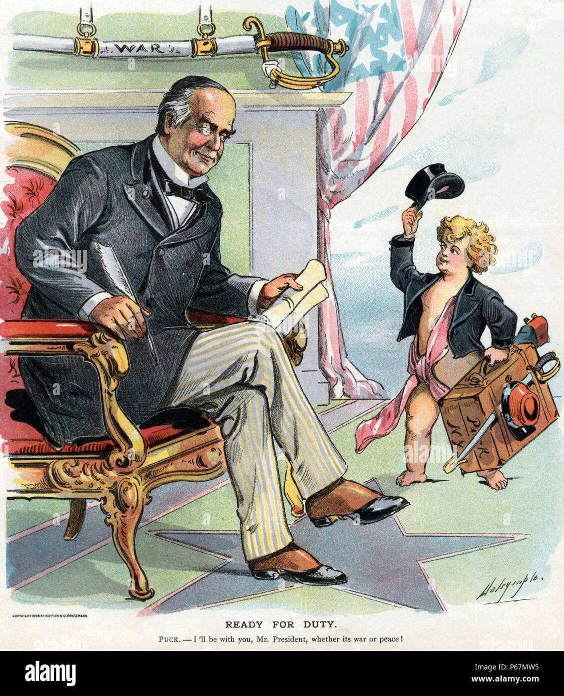 Pronto per il dazio" Puck tenendo la valigia con la spada, davanti al presidente William McKinley, che offre i suoi servizi; McKinley è seduto su una sedia, tenendo un tubetto di penna e carta, dietro di lui, appeso alla parete è una spada etichettato "guerra". Foto Stock