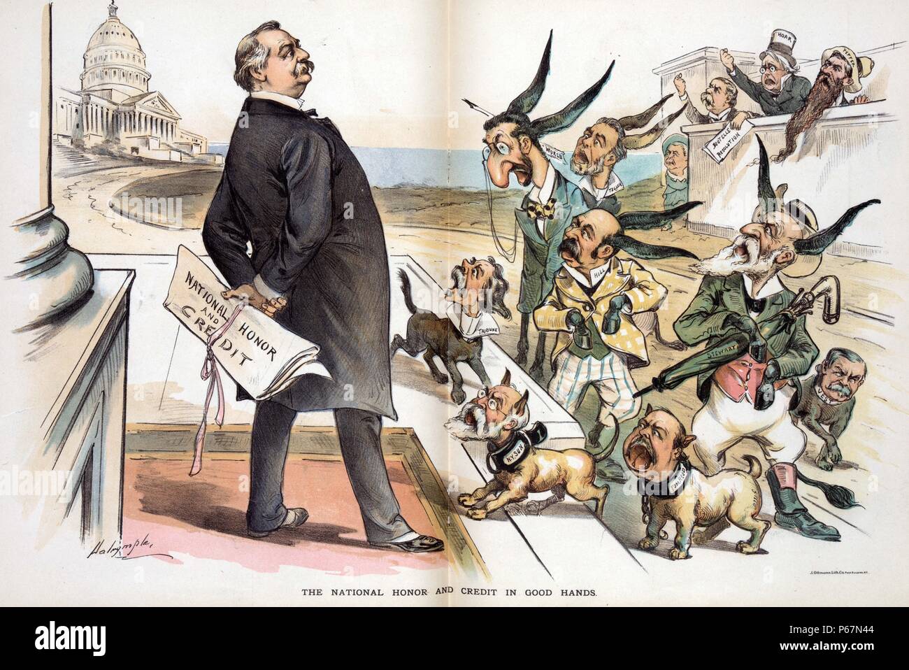 L'onore nazionale e il credito in buone mani" Presidente Cleveland holding papers etichettato " Onore nazionale e di credito" dietro la schiena, come egli si trova di fronte a un gruppo di editori di giornali e i legislatori etichettato "Tribune, N.Y. Sun, Tom Reed, Hill, Mondo, Teller, Stewart, giubbotto, Peffer, [e] trasformata per forte gradiente', e Charles A. Boutelle in possesso di una carta etichettato 'Risoluzione Boutelle', e un uomo non identificato sul retro del gruppo. Gli Stati Uniti Capitol è in background. Foto Stock