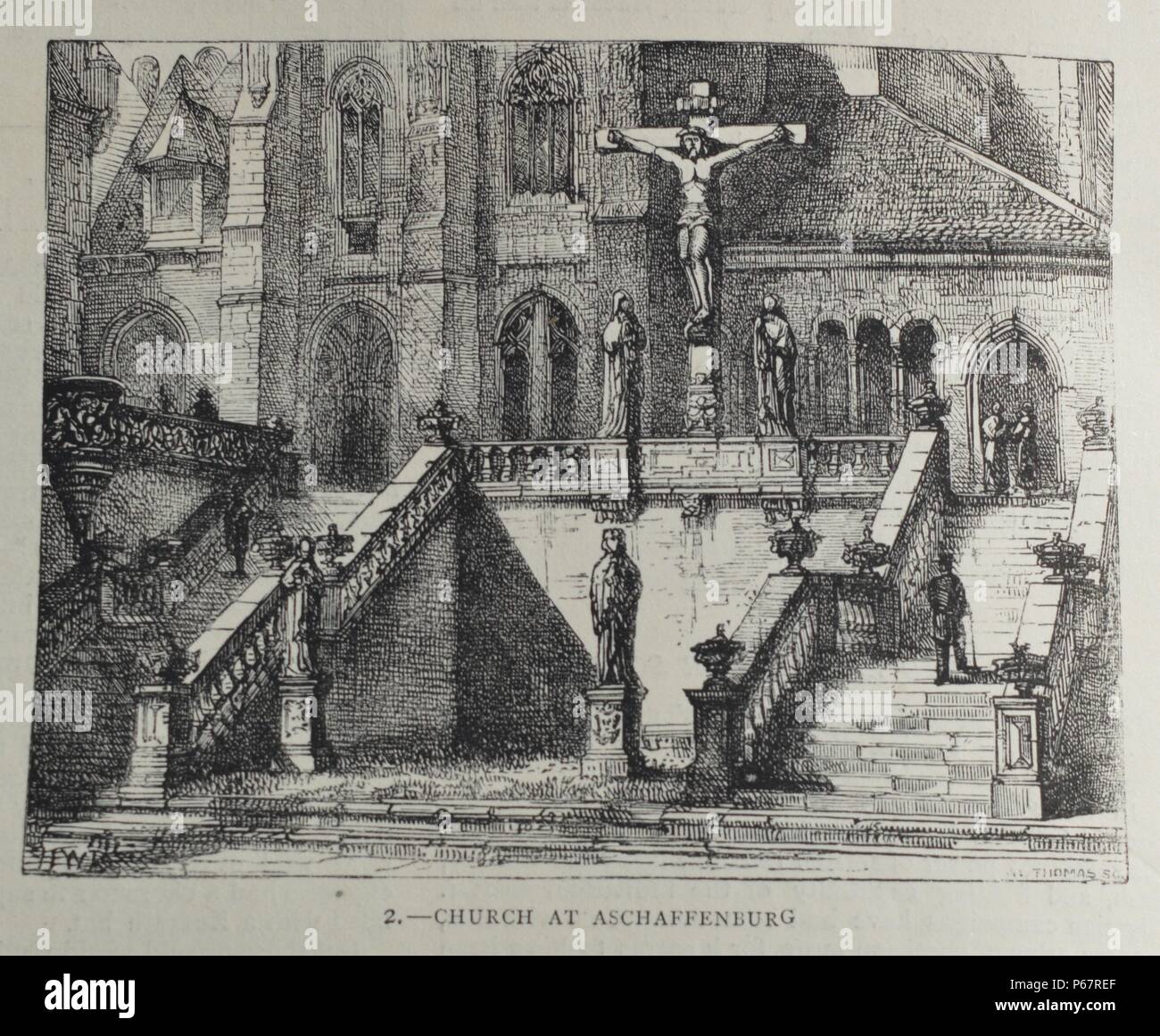 Incisione di la Chiesa Collegiata di San Pietro e Alexander. La chiesa più antica di Aschaffenburg risale al X secolo. Datata 1870 Foto Stock