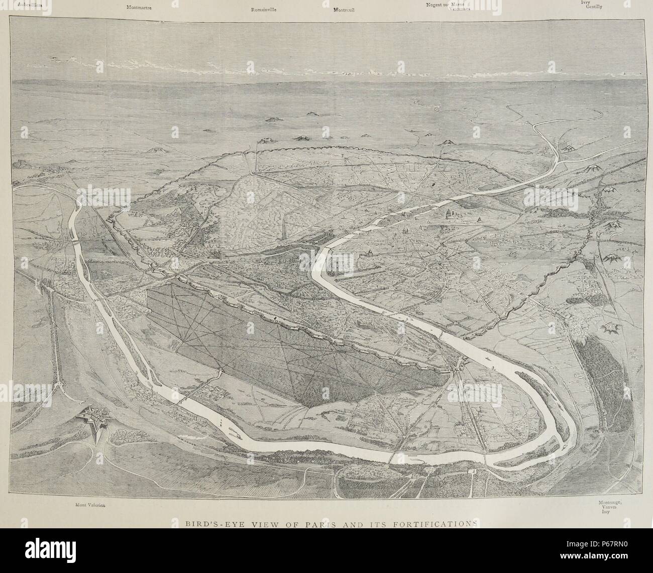 Vista panoramica di Parigi e le sue fortificazioni durante il fatto durante la guerra franco-prussiana. Datata 1870 Foto Stock