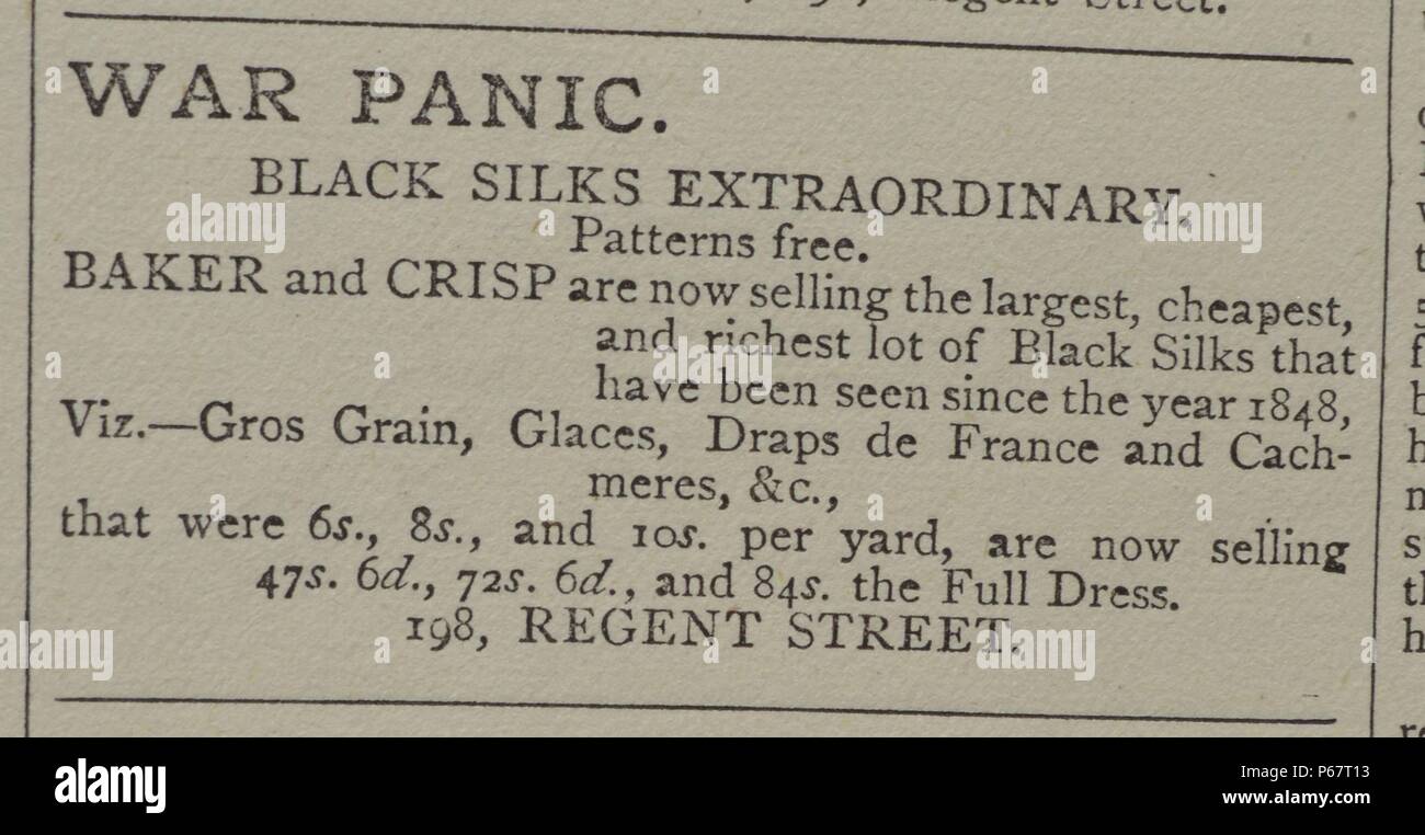 Annuncio di giornale intitolato 'guerra panico". La pubblicità è per la vendita di seta nera. Datata 1870. Londra Foto Stock