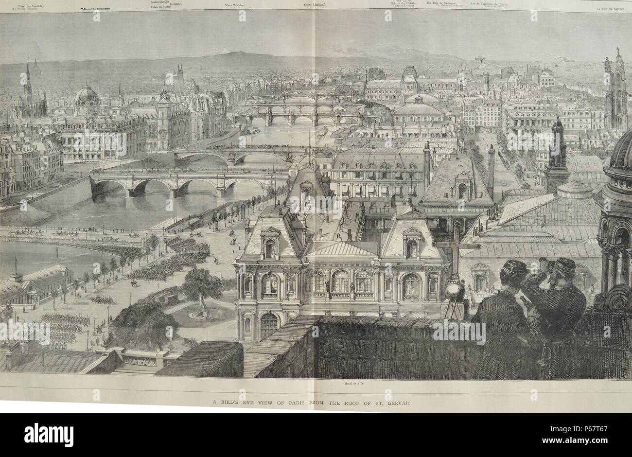 Incisione di una vista panoramica di Parigi dal tetto di San Gervais. Datata 1870 Foto Stock