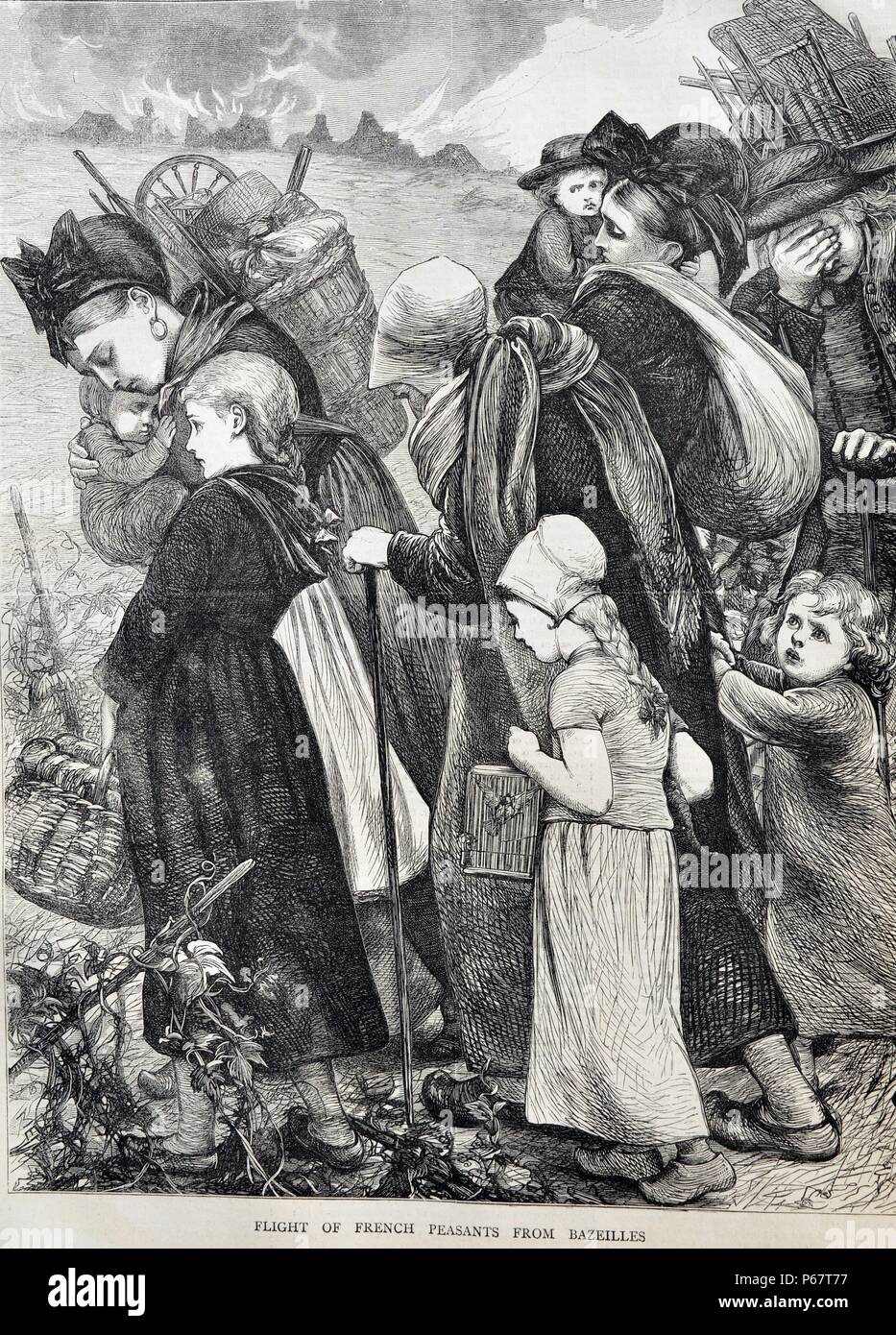 Incisione raffigura contadini francesi lasciando Bazeilles con i loro possedimenti. Bazeilles è un comune nel dipartimento delle Ardenne nella Francia del nord. Si trova vicino a Sedan. Datata 1870 Foto Stock