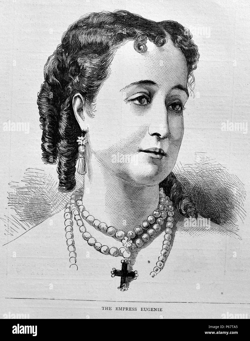 L'incisione dell'Imperatrice Eugénie de Montijo (1826 - 1920). L'ultima imperatrice consorte del francese dal 1853 al 1871 come la moglie di Napoleone III, Imperatore dei Francesi. Datata 1870 Foto Stock