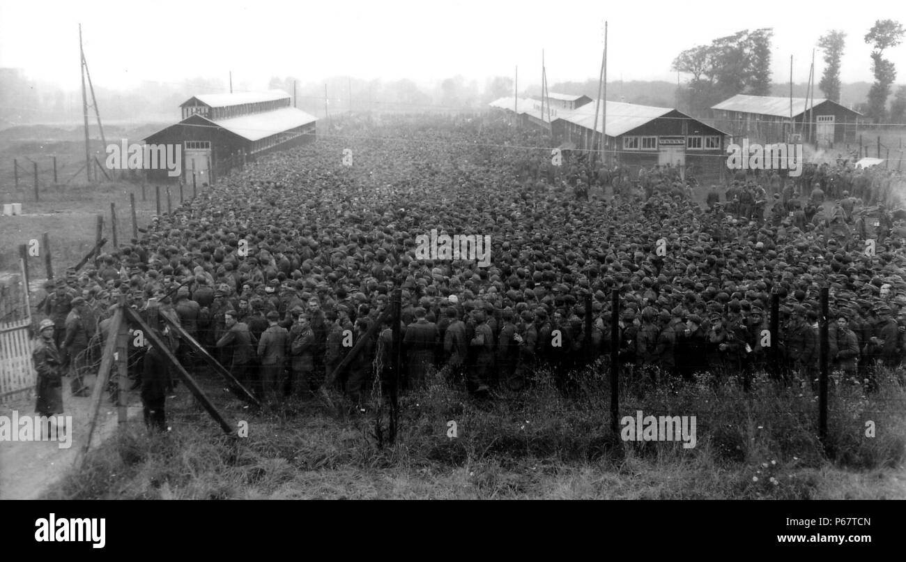 Fotografia di prigionieri di guerra tedeschi imballati in Nonant le Prin campo di prigionia dopo essere stato catturato nella sacca di Falaise. Datata 1944 Foto Stock
