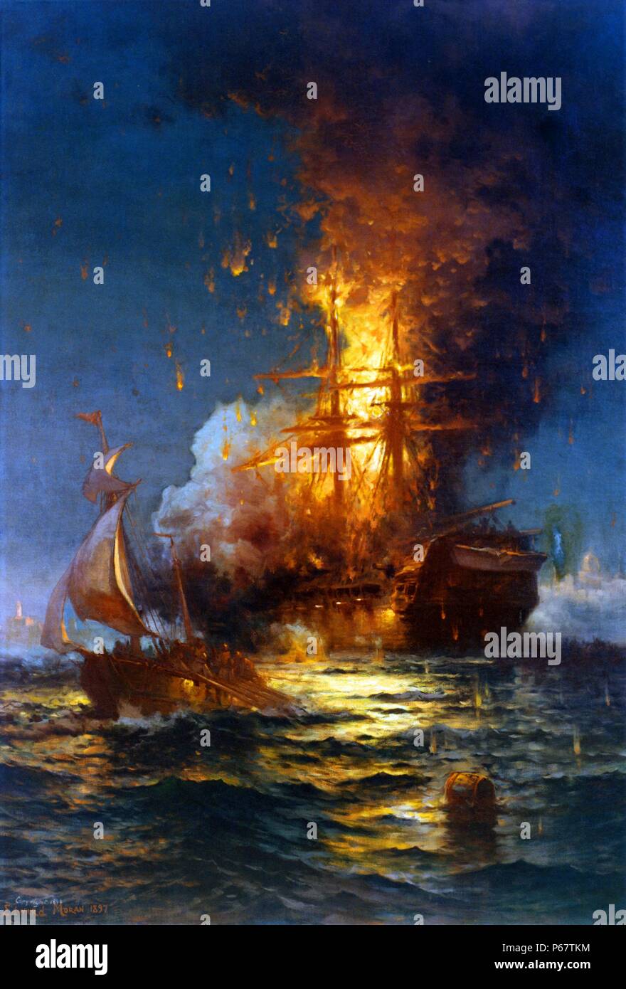 La pittura di combustione del Frigate Philadelphia nel porto di Tripoli. Datata 1804 Foto Stock