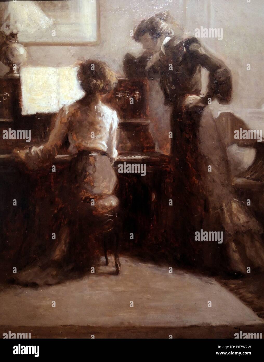 Eugene Carriere (1849-1906) Il pianista, olio su carta fissate su tela. Probabilmente è stato l'artista della intenzione che non siamo in grado di identificare la donna al pianoforte la cui parte posteriore è rivolto allo spettatore, né la sua compagna la cui funzionalità sfocate sono mostrati nel profilo. Foto Stock