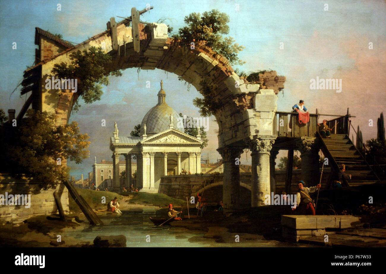 Giovanni Antonio Canal, chiamato Canaletto (1697-1768). Paesaggio con una Villa visto attraverso un arco in rovina. Olio su tela. Immagini di pittoresche rovine mostrato con edifici riconoscibili e colorate figure locali erano molto popolari con i viaggiatori per l'Italia. Canaletto's arte era tanto ammirato dai collezionisti britannici che ha lavorato a Londra per diversi anni tra il 1746 e il 1755. Foto Stock