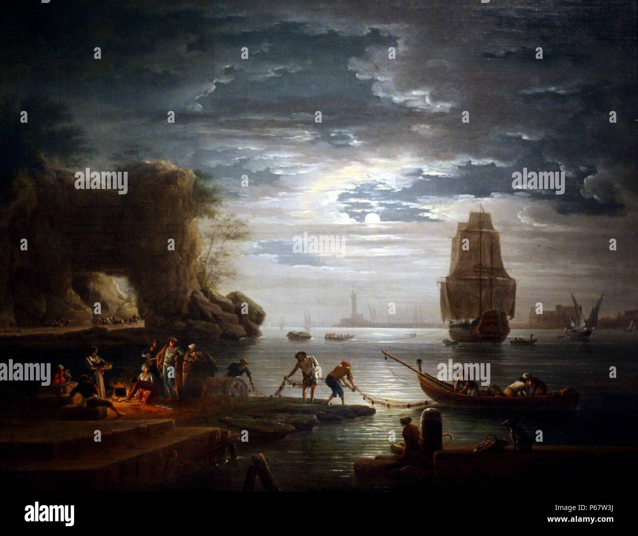 Scena costiere da Claude-Joseph Vernet (1714-1789). Olio su tela. Questo orologio notturno seascape ricorda la costa rocciosa vicino a Napoli. In scene a contrasto in rappresentanza di mattina, sera e notte, Vernet combinato viste idealizzato con osservato attentamente i fulmini e le condizioni atmosferiche. Foto Stock