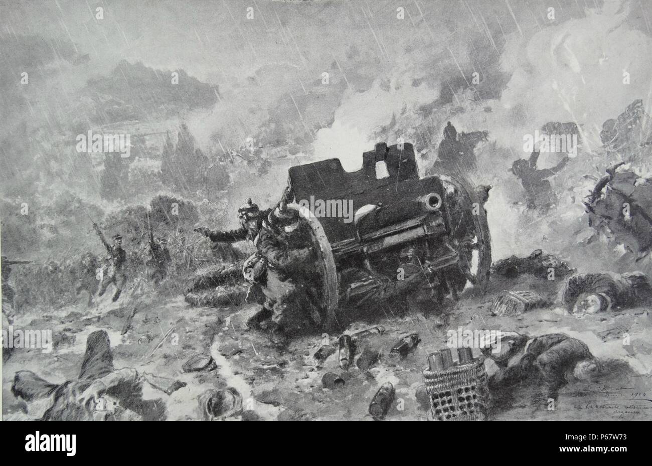 Anticipo francese contro le posizioni tedesche durante l offensiva Meuse-Argonne, la battaglia della Foresta delle Argonne. 1918. Ciò era parte della finale offensiva alleata della I Guerra Mondiale che si estendeva lungo tutto il fronte occidentale. Essa è stata combattuta dal 26 settembre 1918, fino a quando l'armistizio del 11 novembre. Foto Stock