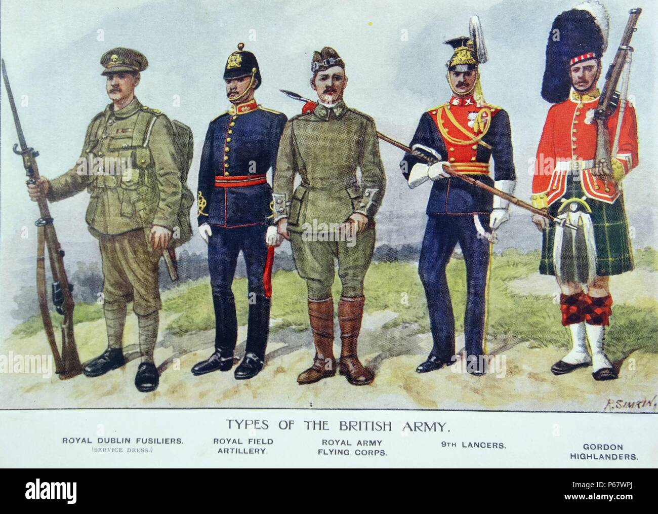 I soldati britannici in diverse uniformi del reggimento durante la Prima Guerra Mondiale Foto Stock