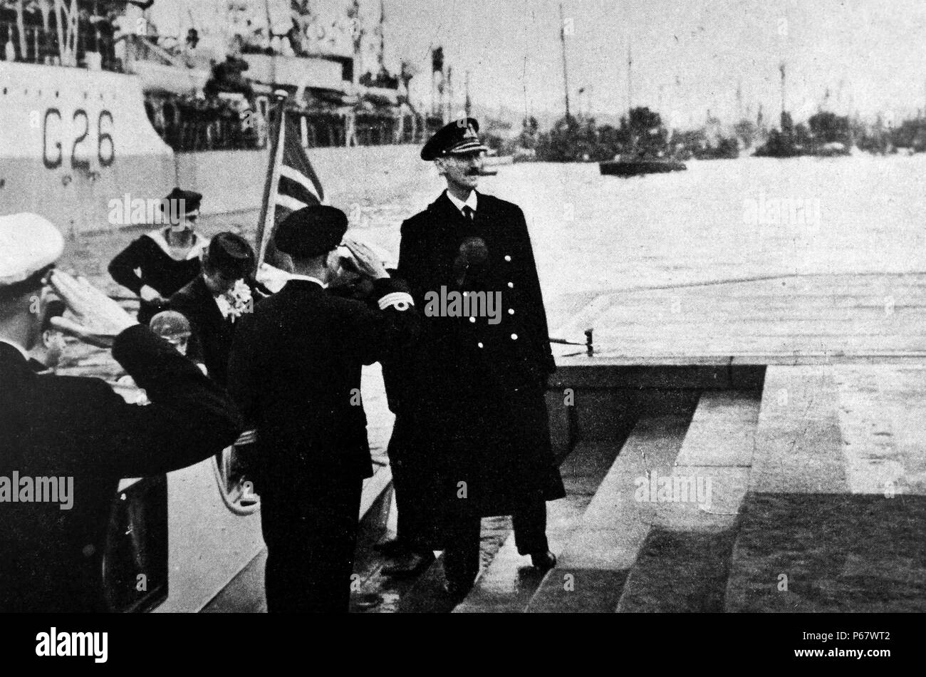La Principessa Martha di Norvegia restituisce Home sul dispositivo HMS Norfolk dopo la liberazione di Norvegia dopo la Seconda Guerra Mondiale Foto Stock