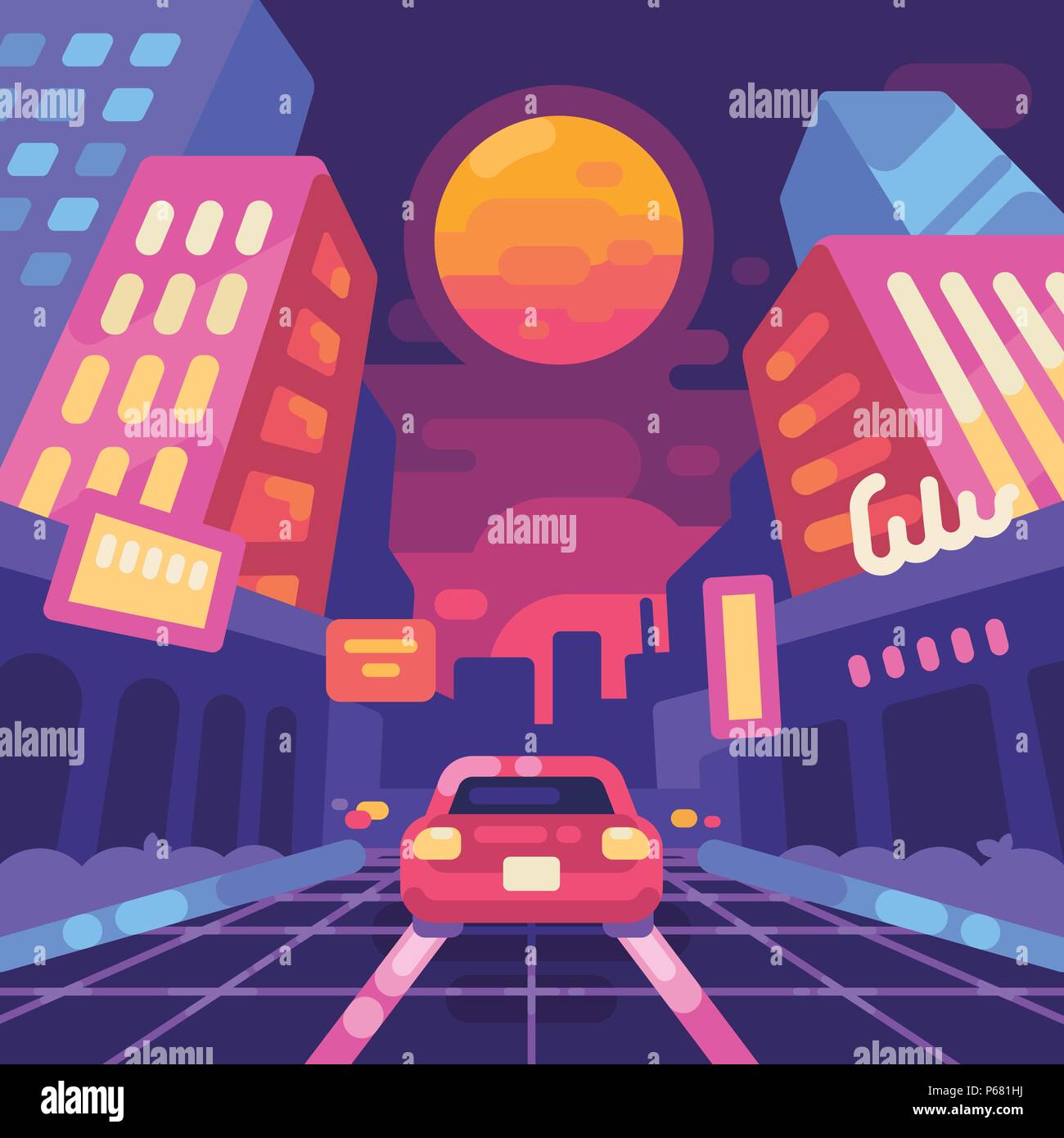 Notte a neon di strada di città degli anni ottanta stile illustrazione piana. Nuova onda retrò background. Musica Synthwave retro futuristico cyber paesaggio Illustrazione Vettoriale