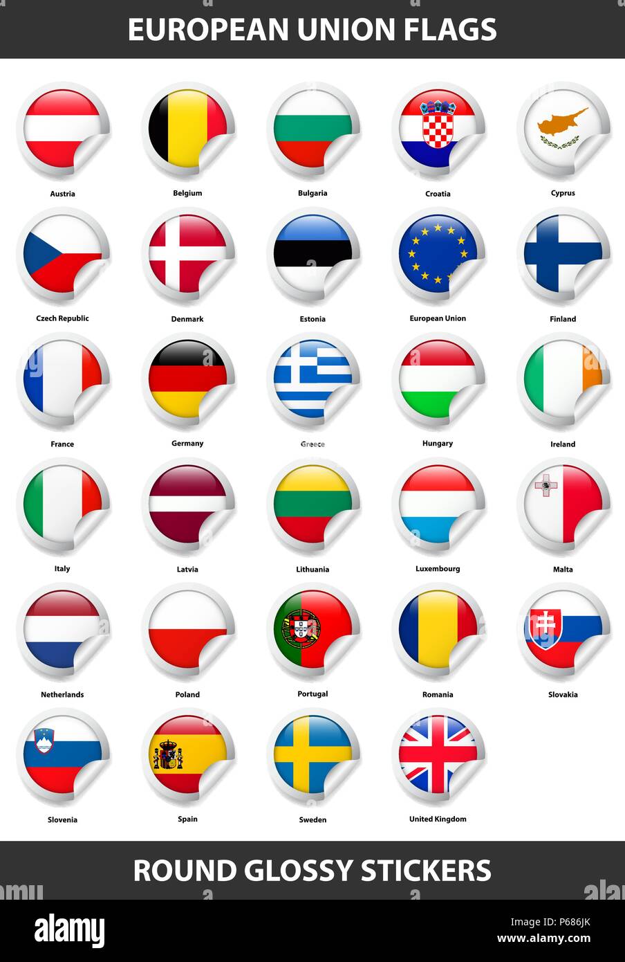 Le Bandiere Di Tutti I Paesi Dell Unione Europea Tondi Adesivi Lucida Immagine E Vettoriale Alamy