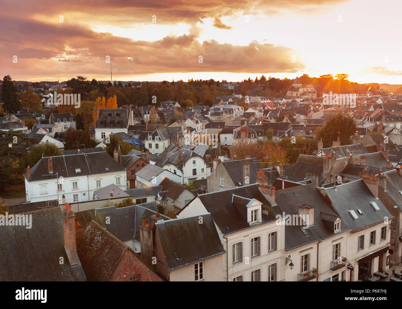 Serata di antenna cityscape di Amboise città situata in Indre-et-Loire department della Valle della Loira in Francia. Tradizionale Francese case di vita Foto Stock