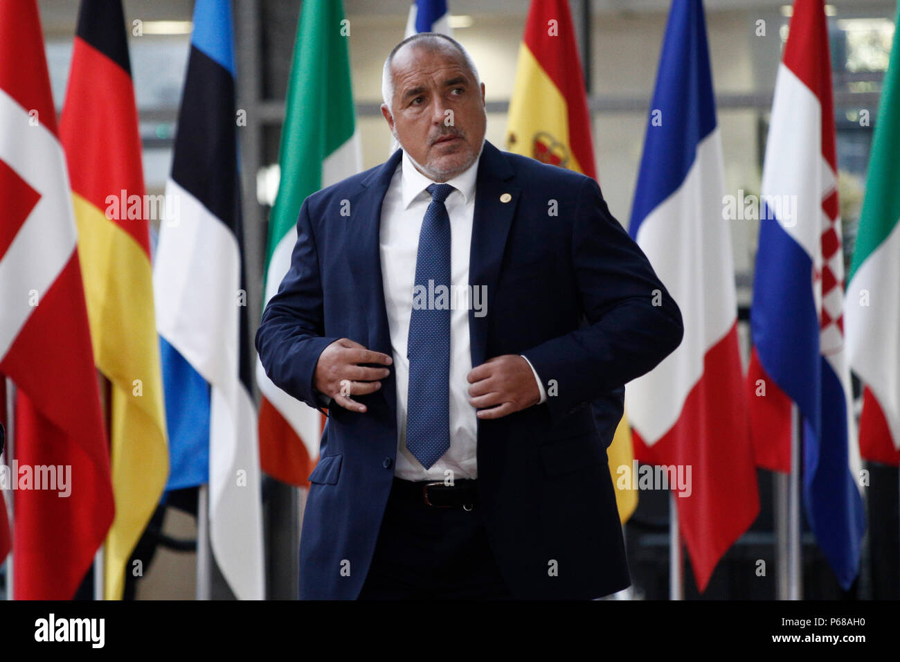 Bruxelles, Belgio su Jun. 28, 2018. Boyko Borissov, il Primo Ministro di Bulgaria arriva per un incontro con i dirigenti dell'Unione europea. Foto Stock