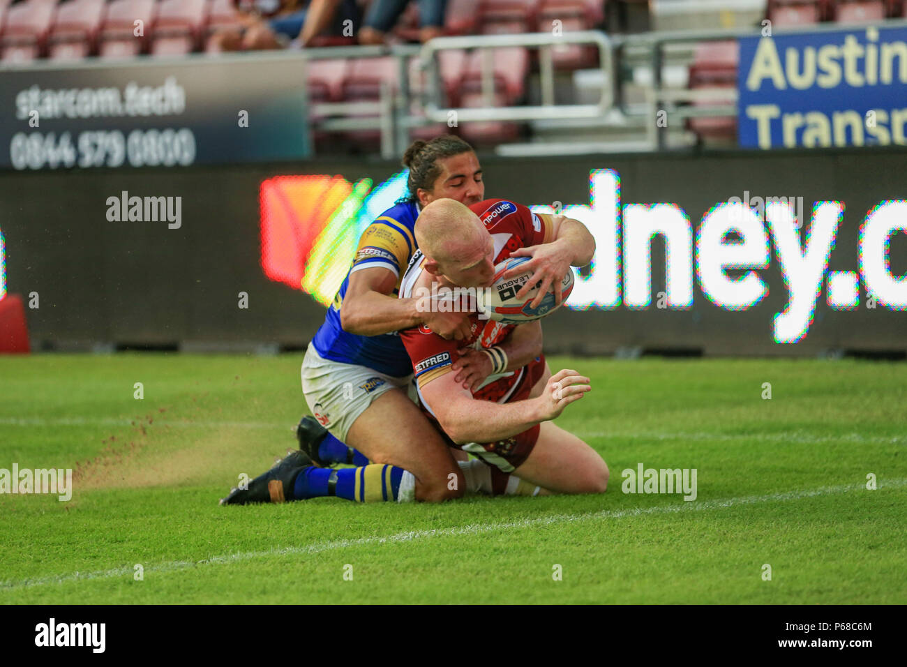 Wigan, Regno Unito.Giovedì 28 Giugno 2018 , DW Stadium, Wigan, Inghilterra; Betfred Super League, Wigan Warriors v Leeds rinoceronti; Credito: News immagini /Alamy Live News Foto Stock