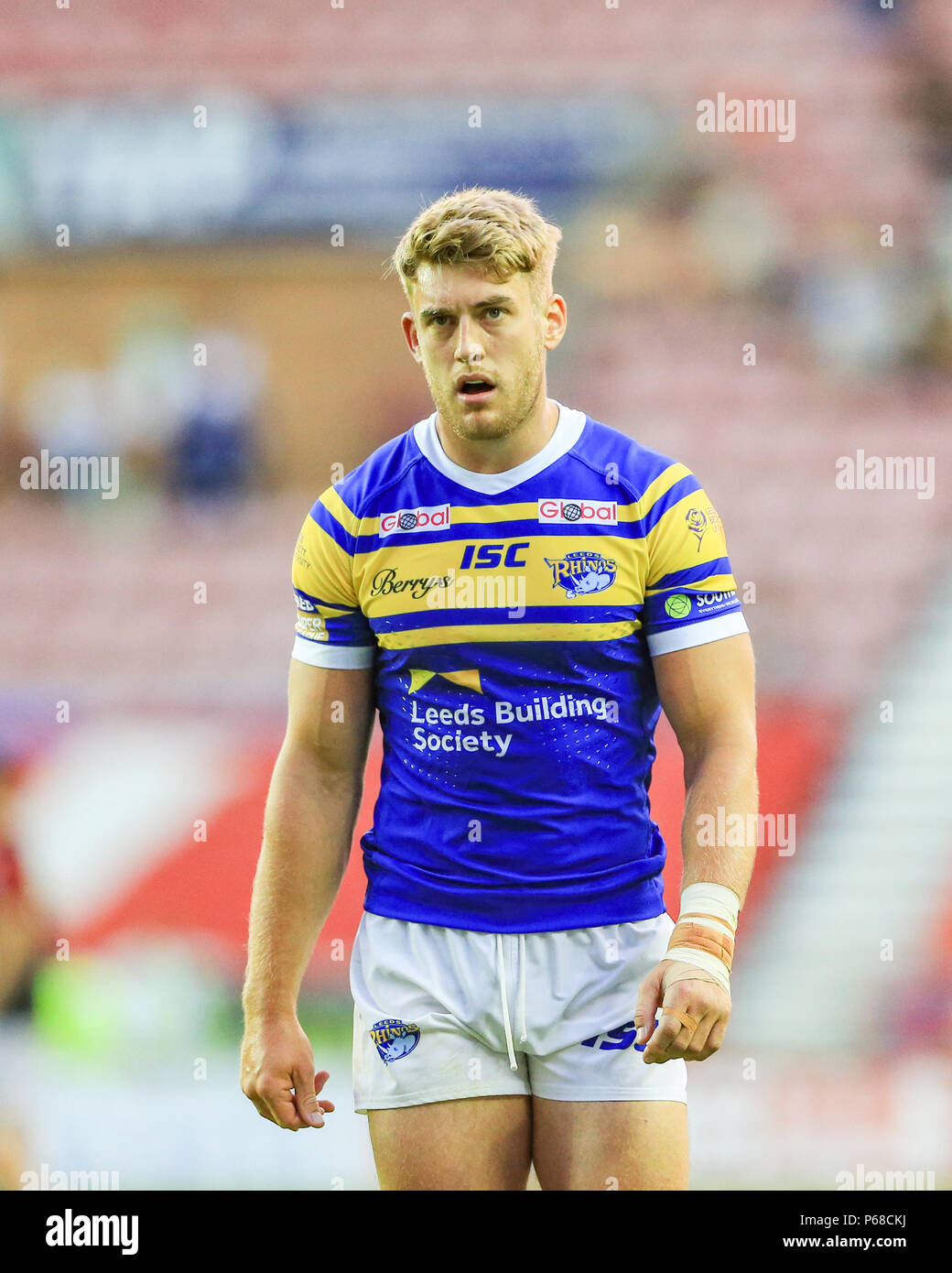 Wigan, Regno Unito.Giovedì 28 Giugno 2018 , DW Stadium, Wigan, Inghilterra; Betfred Super League, Wigan Warriors v Leeds rinoceronti;Ormondroyd Jack di Leeds rinoceronti Credito: News immagini /Alamy Live News Foto Stock