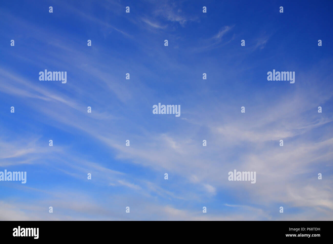 Una foto di una brillante e di colore blu cielo con soffici e dense nuvole bianche di diverse dimensioni e forme. Bellissimo cielo su un chiaro pomeriggio a molla Foto Stock