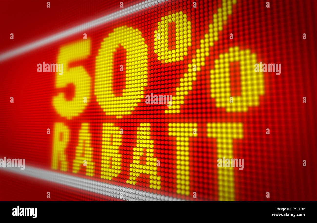 Verkauf (in vendita in tedesco) 50% titolo sul grande display a LED. Messaggio promozionale 3d'illustrazione. Foto Stock