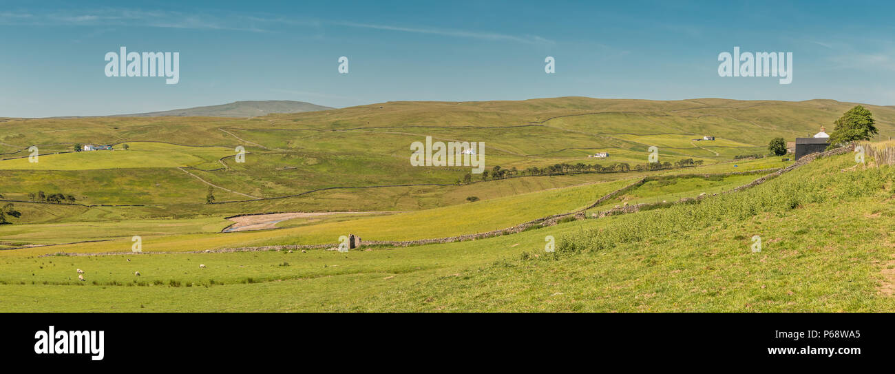 North Pennines AONB paesaggio panoramico, a ovest verso sud-ovest su Harwood, Teesdale superiore da Greenhills Farm Foto Stock