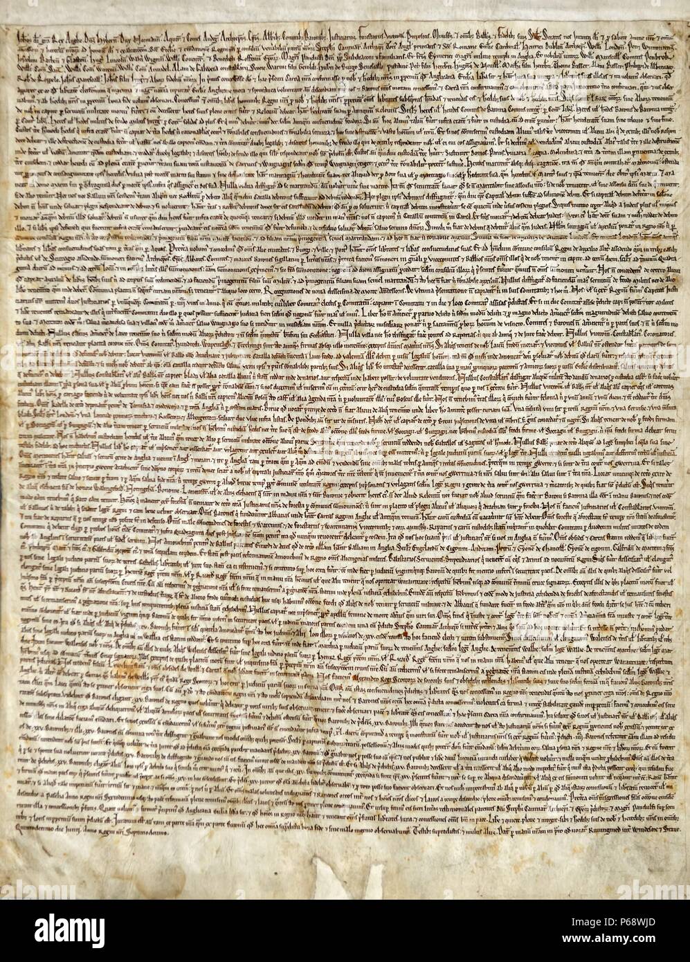 Magna Charta (latino per grande carta),è stata la Grande carta della libertà di Inghilterra, originariamente rilasciato in latino. Essa è stata sigillata sotto giuramento da Re Giovanni a Runnymede, sulla riva del fiume Tamigi, 15 giugno 1215. Magna Carta è stato il primo documento imposto a un re dell'Inghilterra da un gruppo di suoi sudditi, il feudo di baroni, nel tentativo di limitare i suoi poteri a norma di legge Foto Stock