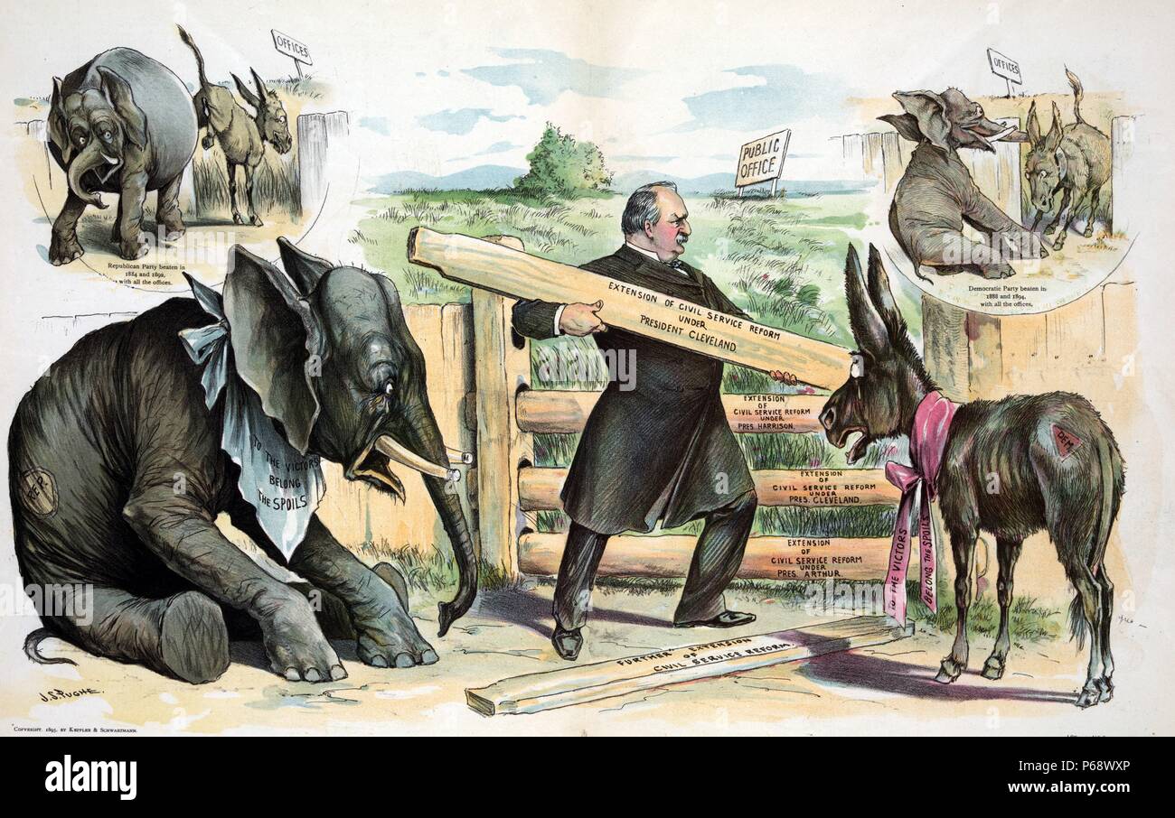 Per il loro bene 1895. Stampa mostra il Presidente Cleveland aggiungendo schede etichettate come "Estensione della la riforma del servizio civile sotto il Presidente Cleveland' per un recinto con le schede etichettate come "Estensione della la riforma del servizio civile sotto Pres. Harrison' Foto Stock