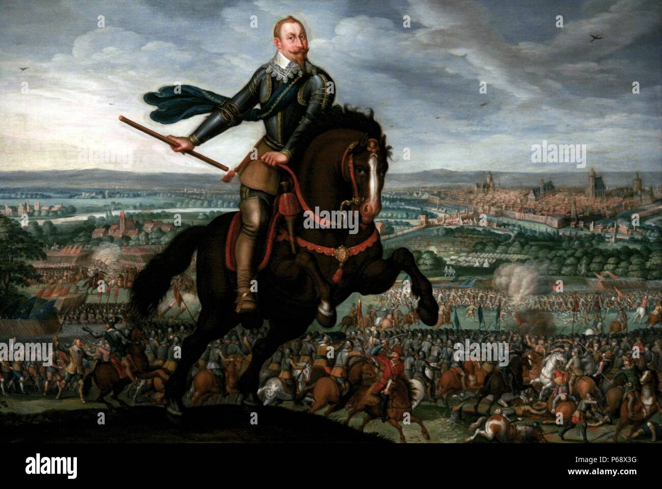 Ritratto di Gustav II Adolf di Svezia portando il suo esercito alla vittoria nella battaglia di Breitenfeld. Dipinta da Johann Walter. Risalenti al XVII secolo Foto Stock