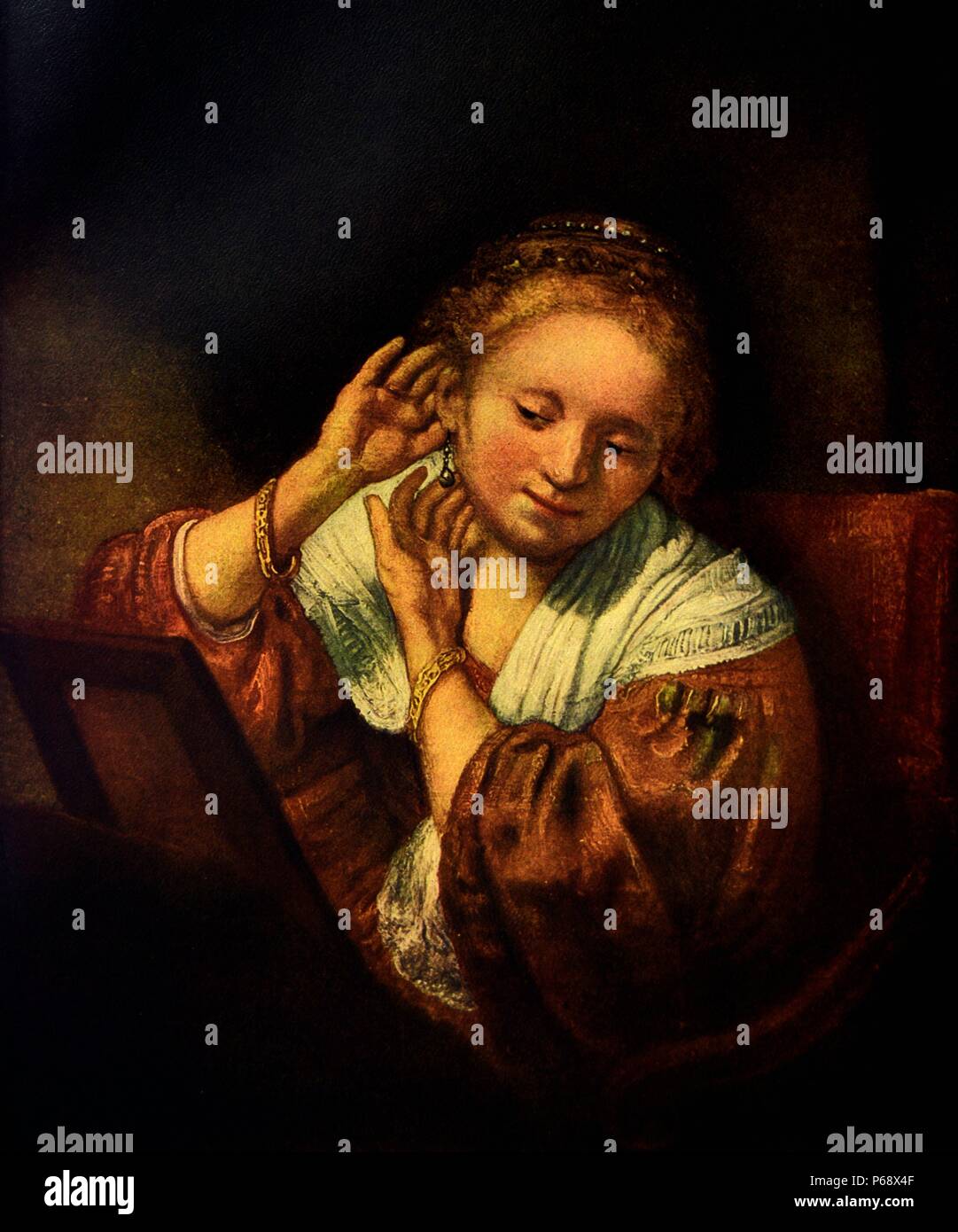 Pittura intitolato "giovane donna al suo specchio" dipinto da un artista sconosciuto. Risalenti al XVII secolo Foto Stock